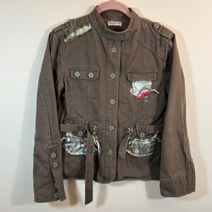 Sharagano Women's Brown Cotton Utility Military Jacket Patchwork Boho Large